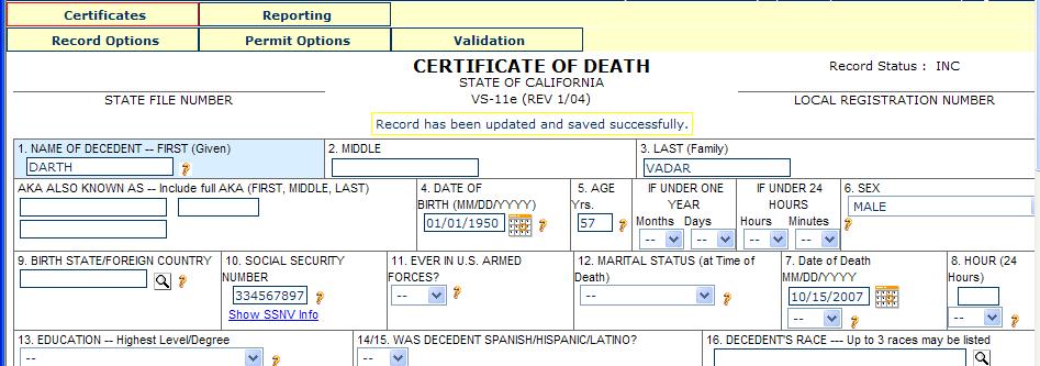 Figure 25 Save without validations Accept Record This option allows you to update the coroner status from REF (referred) to one of three statuses.