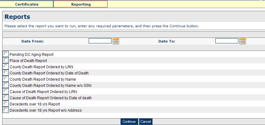 Reports and Exports ME/Coroner/Deputy Coroners have access to the CA-EDRS Report and Export Function. Reports and Export functions are found by selecting the Reporting tab.