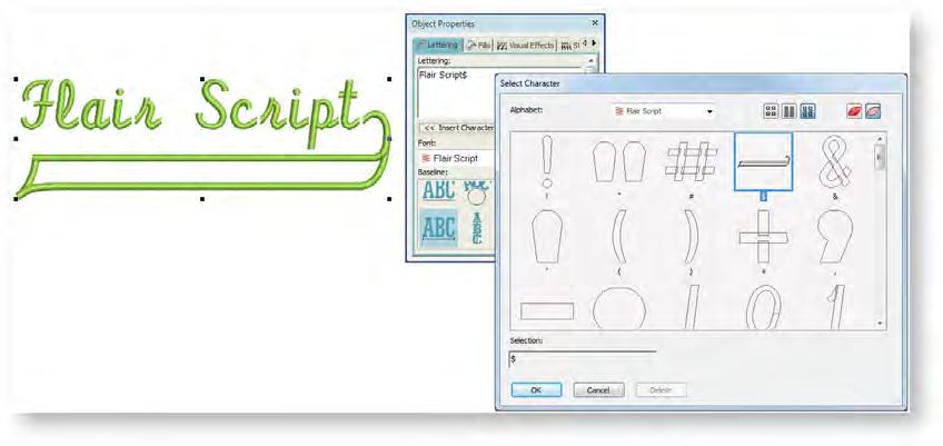 Special lettering To create a flair script design, select Flair Script from the Font list. Enter the text you want to embroider in the text entry panel.