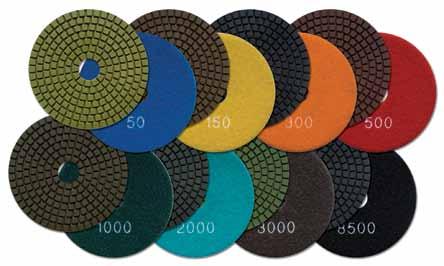 POLISHING DISCS (WET) POLICIES TROUBLESHOOTING METAL FLOOR PREP CORING CONCRETE MASONRY LAPIDARY STONE TILE Resin Bond Polishing Discs Flexible, Velcro backed polishing discs have been designed to
