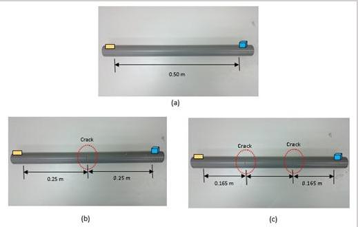 The experiment for single crack specimen and multi cracks specimen was performed on a pipe with length 600 which the piezoelectric wafer actuator and accelerometer are placed on the surface of the