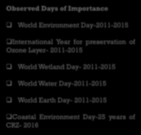 OUTREACH AND DATA DISSEMINATION PROGRAMME CONDUCTED Observed Days of Importance World Environment Day-2011-2015 International Year