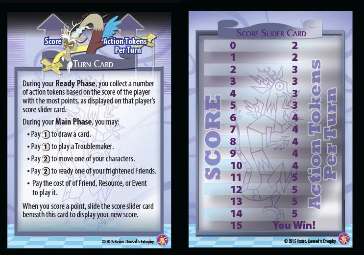 Reference Cards In addition to the cards used to play the game, your deck includes a Turn Card and Score Slider card.