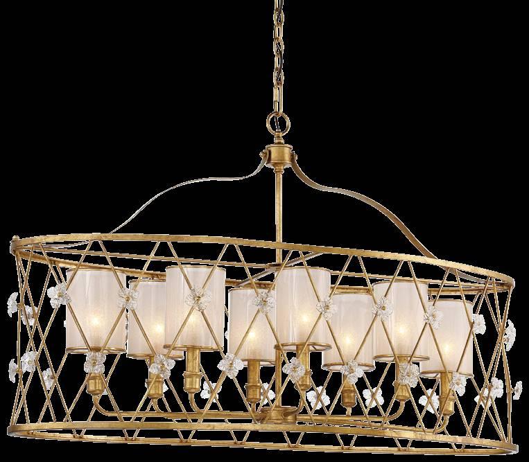 VICTORIA PARK A gold leaf exterior adorned with glass flowerets complements White Iris glass lamp shades to create an elegant, luxurious fixture.