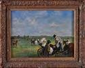 Lot #418: EUROPEAN SCHOOL: AFTERNOON AT THE RACES Oil on canvas, relined, 17 3/4 x 23 3/4 in.