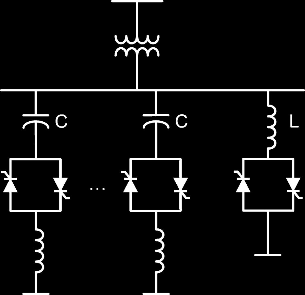 Fig. 13. Power circuit topology of a TCSC. Fig. 11. Combined TSC and TCR configuration. Fig. 14. A Var compensator topology implemented with a current-source converter. Fig. 12.