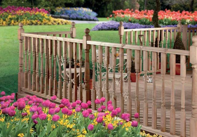 4. Many home owners install decking in their gardens. A softwood has been used in the manufacture of the spindles. (a) Describe two issues related to the use of softwoods for this product.