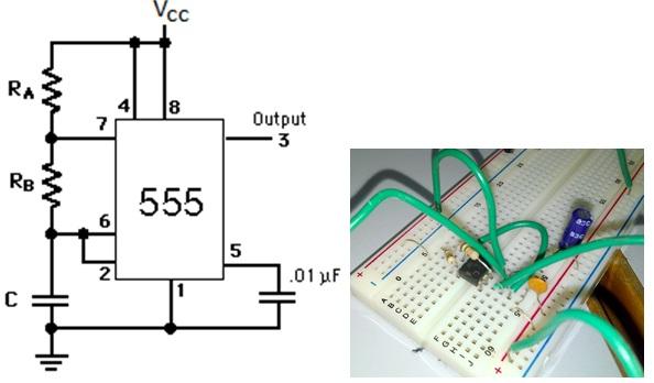 555AstableMultivibtr -- Procedures Step 1 DUT / CIRCUIT SETUP Build the circuit as shown below: Choose Vcc = 7.