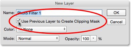 You can learn more about clipping masks in Photoshop with our full Clipping Masks Essentials tutorial: Selecting "Use Previous Layer to Create Clipping Mask" option.
