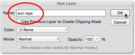 Photoshop adds the new "sun rays" layer above the Background layer: The "sun rays" layer appears.