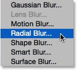 Blur > Radial Blur. This opens the Radial Blur dialog box. First, set the Blur Method on the left to Zoom, then set the Quality to Good.