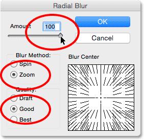 Setting the Blur Method to Zoom, Quality to Good and Amount to 100. Finally, the Blur Center box is where we set the location in the image where the blur effect will appear to be zooming out from.