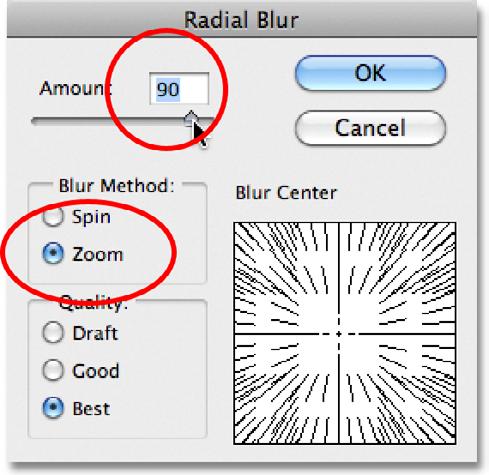 Set the Blur Method option on the left of the dialog box to Zoom, then increase the blur Amount to around 90.