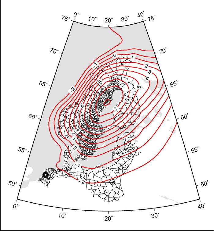 Figure 1: The network of the Baltic Levelling Ring and Fennoscandian postglacial land uplift relative to mean sea level (Mäkinen J. & al.