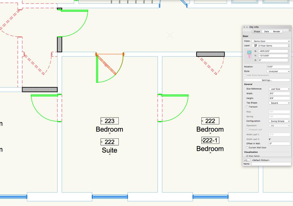 PART ONE - LAYERS & CLASSES FOR RENOVATION PROJECT (CONT D) FIGURE 10: Floating door in existing opening; Door-New class set to visible INSERTING NEW OBJECTS IN A NEW WALL OPENING (ADD DOOR/WINDOW IN