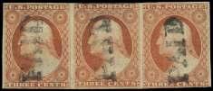 ................. $40 6524 Paid can cels on 1852, 3 dull red, type I, hor i - zon tal strip of 3, nice strikes on each; some faults, F-VF. Scott 11.