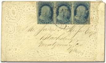 U.S. Postal History by Issue 1851 Issue 6605 1852, 1 blue, type IV (9), strip of three 1 clear at top and right