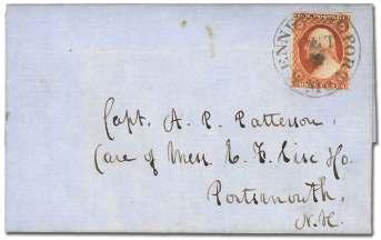 ........ $70 6611 1851, 3 or ange brown, type I (10), 3 tied by "New York/Nov/19" cds on 1851 folded let ter sheet ad
