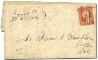 ........ $70 6612 1851, 3 or ange brown, type I (10), pen cencelled with manu script "Payne's Point/IL Mar 22nd" town
