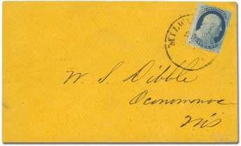 6638 1857, 1 blue, type V (24), 1 pen cancelled on cover date lined and ad dressed New Sa lem MA,