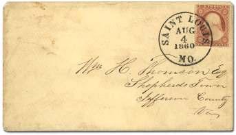 6656 1857, 3 dull red, type III (26), tied by "Platte City Mo/12/Apr" cds on cover ad