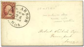 .......... $30 6665 1857, 3 dull red, type IV (26A), 3 tied by "Keene NH/Sep/3/1858" cds on