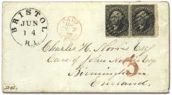$35 6679 1861, 1 blue and 3 rose (63, 65), tied by New York dou ble cir cle cds on cover ad dressed to Chi