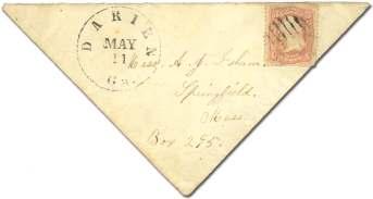 6692 1861, 3 rose pink (64b), tied to a small yel low cover to Bucksport, Maine by a Sep tem ber 9, 1861