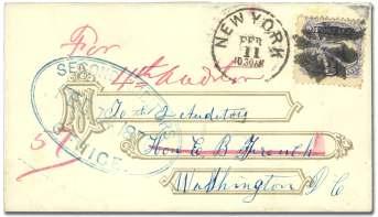 6734 1869, 3 ul tra ma rine (114), three tied by cork can - cels with "De troit Mich/Aug/16" cds on cover ad dressed