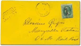 6753 1870, 3 green (147), pen cancelled with "Ver - sailles Ind/Oct/7" cds on cover ad dressed to Mary ville Sta - tion O &