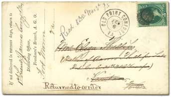 6759 1873, 3 green (158), tied by pur ple tar get with match ing "Peru Ver mont/apr/20/1881" cds on cover to Mount