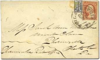 , 1873, 3 brown (O74), 3 tied by quar tered cork can cel with Wash ing ton DC cds on Trea - sury De part ment cover