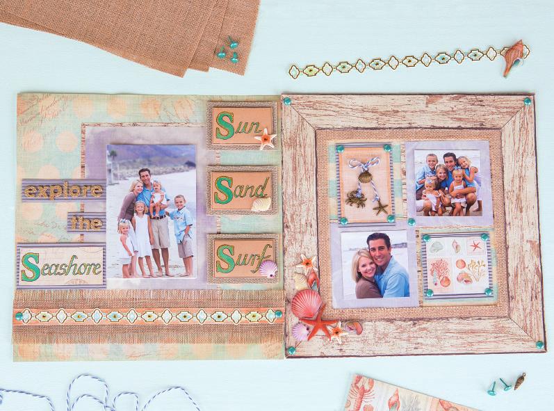 Shell Nautical papers, pops of turquoise and sea-themed charms make this layout a day at the beach.