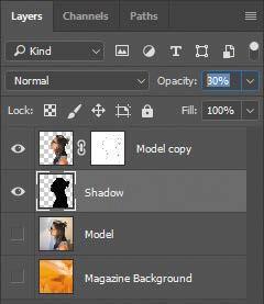 9 In the Layers panel, change the layer opacity to 30%. The shadow is in exactly the same position as the model, where it can t be seen. You ll shift it.