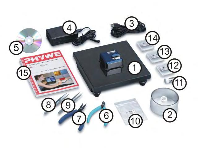 Atomic resolution of PHYWE Compact-STM set 1 Control unit with mounted scan head (1) 1 Magnifying cover glass (10X Magnification) (2) 1 USB cable (3) 1 Power cord and adapter (4) 1 MeasureNano
