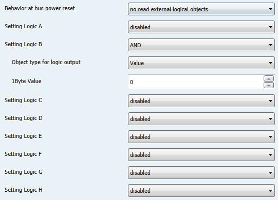 4.4 Logic setting The following picture shows the available logic settings: Figure 15: Logic settings 4.4.1 Behavior at bus power reset The parameter Behavior at bus power reset is valid for all 8 logic blocks and defines the requesting of the external logic objects.
