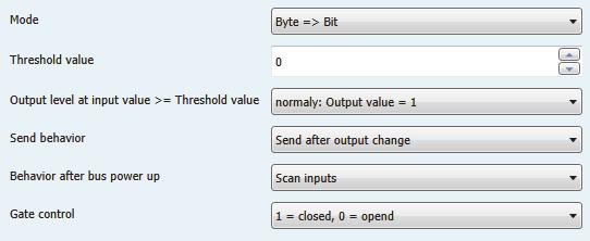 Mode not active Byte=>Bit 2 Bit=>Bit Temperaturevalue=>Bit Send behavior Send after output change Send after input change comment Setting of the Mode of the Converter: not active: Converter module is