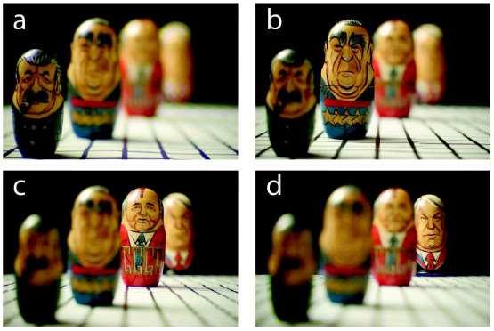 Fig. 4. Images of a real scene recorded through the switchable lens assembly. The four focal states are shown.