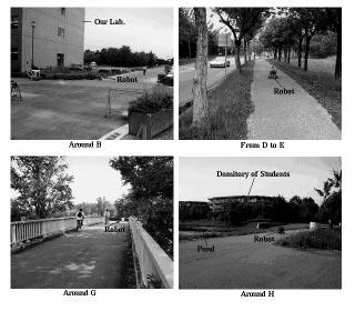 Figure 2. Target environment which has a paved road along with trees and hedges. (B, D, E, G and H are some passing points shown in Figure 1.) with the expression suitable for the robot.