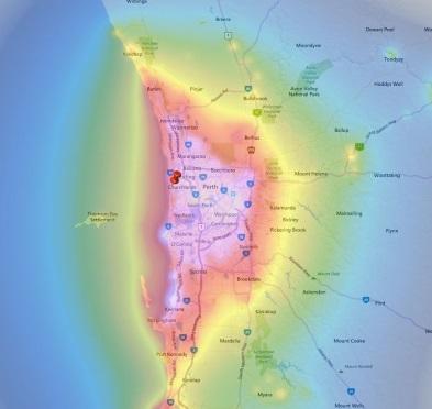 Perth Light Pollution map ( denotes my observatory) So, I guess that testing a light pollution filter under these conditions will be a good test.