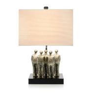 JRL-9227 JRL-9230 JRL-9234 22.5"H This lamp features a rustic silver finish on standing statues. Shade: (15" X 10") X (15" X 10") X 10", Off White, Cotton. 3 Way, 150 Watt Max, Stocking Dealer $185.
