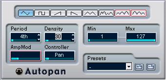 AutoPan This plug-in works a bit like an LFO in a synthesizer, allowing you to send out continuously changing MIDI controller messages.