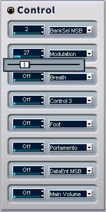 Control This generic control panel allows you to select up to eight different MIDI controller types, and use the value fields/sliders to set values for these.