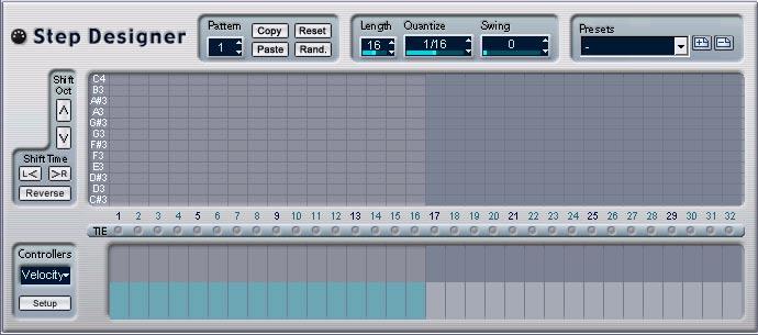 Step Designer The Step Designer is a MIDI pattern sequencer, that sends out MIDI notes and additional controller data according to the pattern you set up.