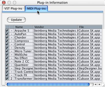 Managing plug-ins Selecting Plug-in Information from the Devices menu opens a window in which all loaded plug-ins, audio and MIDI, are listed.