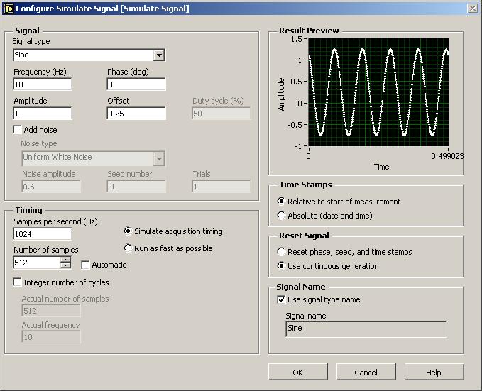 LabVIEW Simulate Signal A sine signal is generated using Simulate Signal Double click for properties Sine at