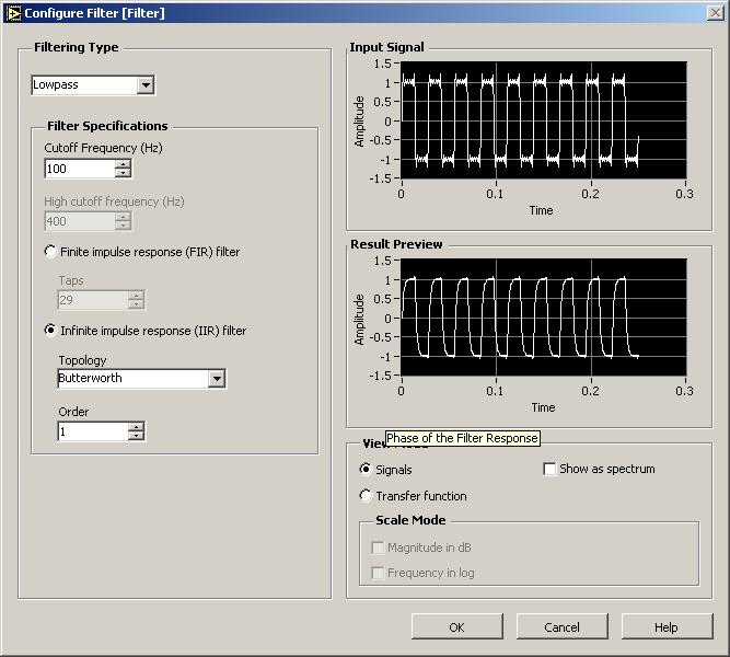 LabVIEW Extras Filter block A parameter window will appear once VI is placed on wire diagram.