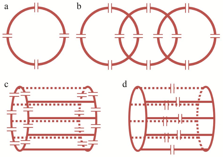 Fig. 2-8 Illustration of the RF coils: (a) single-loop surface coil, (b) multi-loop surface coil, (c) high-pass birdcage volume coil and (d) low-pass birdcage volume coil. 2.3 Gradient coils function and design This section will introduce gradient coil design methods and an evaluation of coil performance.