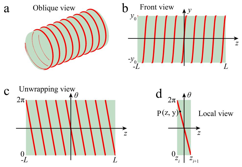 Fig. 3-4 Illustration of a spiral structure on a cylindrical surface for a longitudinal gradient coil design, (a) oblique view of the spiral structure, (b) front view of the spiral structure, (c)