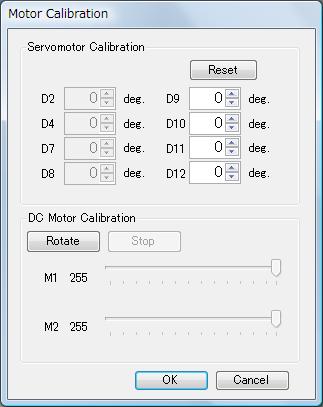 Click on Motor Calibration and you will see the dialog box below. The bottom half of the window is used to calibrate your DC motors. 4 Click on the Rotate button and your motors will rotate.